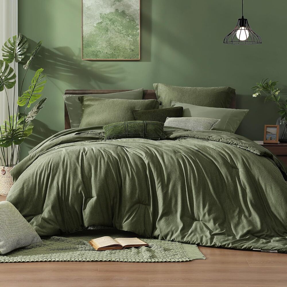 Queen Comforter Set - 7 Pieces Cationic Dyeing Olive Green Bed in a Bag
